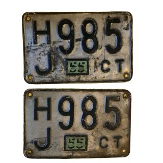 Vintage 1955 Connecticut Passenger License Plates Pair Hj 985 Ct 55 Rare Tags