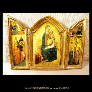 Antique Gilt Painted Wooden Religious Triptych Icon Virgin Mary & Jesus