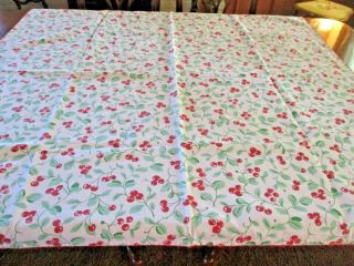 Vintage Red Cherries & Stems/leaves On White Cotton 48 " X 51 " Table Cloth