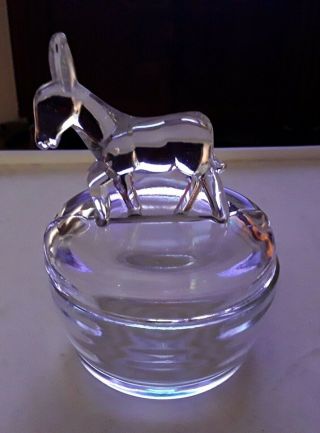 Vintage Jeanette Clear Glass Powder Jar With Donkey On Top