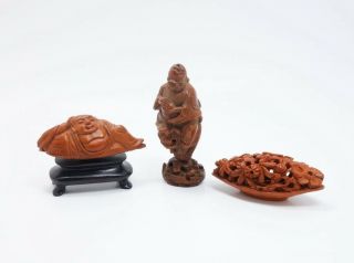Antique Group 3 Antique Chinese Carved Hediao Nut Pit Carvings Incl Buddha