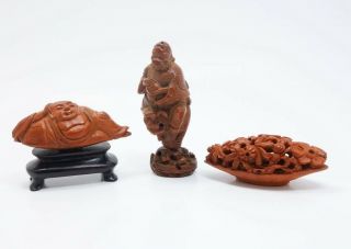Antique Group 3 Antique Chinese Carved Hediao Nut Pit Carvings incl Buddha 2