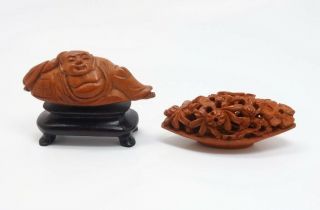 Antique Group 3 Antique Chinese Carved Hediao Nut Pit Carvings incl Buddha 3