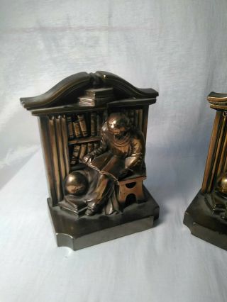 2 Vintage Solid Brass Bookends Monk Scholar Reading in Library Philadelphia Mfg 2