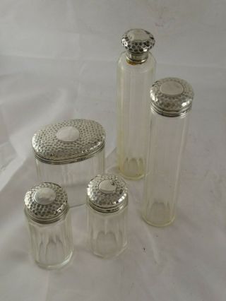 Lovely Set 5 Edwardian Solid Sterling Silver Trinket Jars Scent Bottles 1902