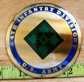 Vintage Us Army Brass Plaque License Plate Topper - 4th Infantry Division