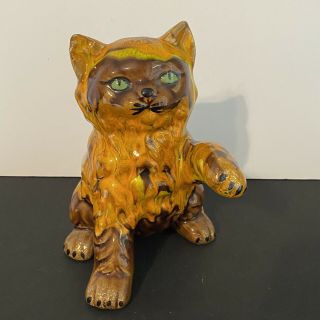 Vtg.  Fat Lava Orange & Brown Drip Glaze Ceramic Cat Figurine Sculpture Mcm Style