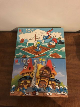 Two 1988 Milton Bradley Vintage The Smurfs 100 Piece Jigsaw Puzzle.  Both Complete