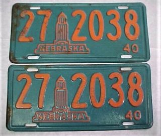 Vintage 1940 Nebraska License Pair Plate 27 - 2038 - Capitol Building