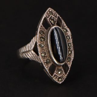 Vtg Sterling Silver - Art Deco Onyx & Marcasite Ring Size 8 - 6g