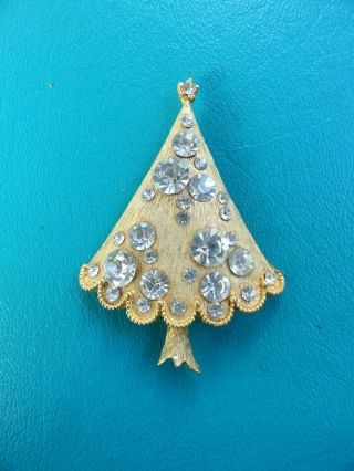 Vintage Gold Tone & Clear Crystal Rhinestone Christmas Tree Pin Brooch