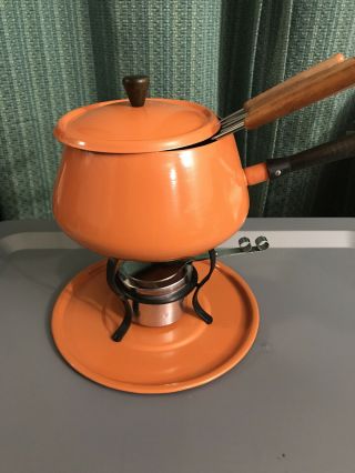 Nwob - Vintage Fondue Set Orange Pot With Six Forks Wood Handles