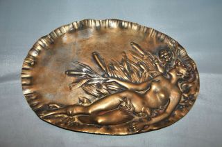Antique Art Nouveau Bronze Nude Lady With Cherub Wall Plaque Pin Tray