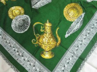 Vtg Forest Green & White Cotton Tablecloth W Silver & Gold Goblets Pitchers 48 "
