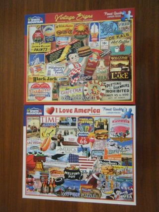 Set Of 2 White Mountain Jigsaw Puzzles 1000 Piece I Love America & Vintage Signs