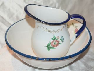 Vintage Tres Enamelware Pitcher And Bowl White Blue Trim Flowers Enameled Metal