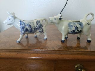 2 Vintage Porcelain Ceramic Blue Delft Holland Windmill Scene Dbl Cow Creamer