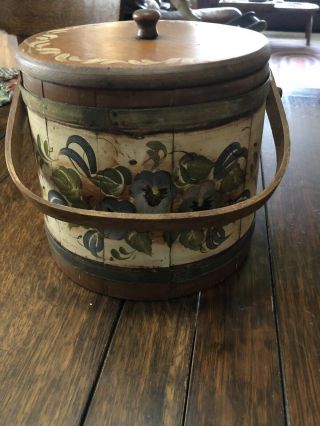 Antique Primitive Wooden Staved - Hand Painted & Signed Firkin Bucket