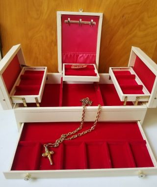 Vintage Mele Jewelry Box The Treasure Chest Gold Stamped Ivory Red Lining