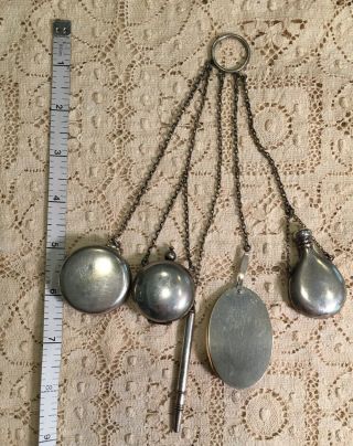 Antique Sterling Silver Complete Ring Dance Chatelaine 5 Items