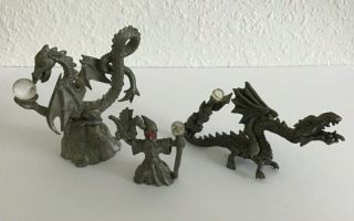 Vintage Trio Of Pewter Dragon And Wizard Figurines With Crystal Balls