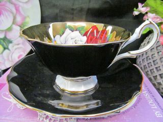 QUEEN ANNE tea cup and saucer wide avon shape ROSE & gold bowl teacup black 2