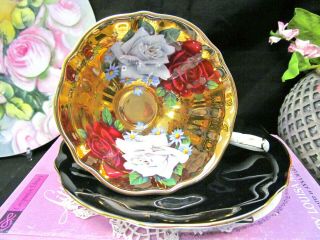 QUEEN ANNE tea cup and saucer wide avon shape ROSE & gold bowl teacup black 3