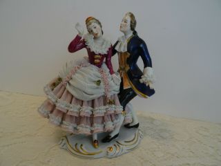 Lg Antique / Vintage Dresden Figurine Porcelain Lace Couple At Ball - Germany