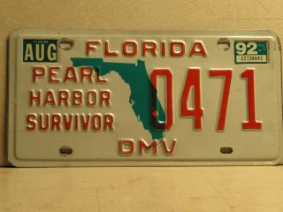 Florida License Plate Pearl Harbor Survivor Dmv 1992 0471
