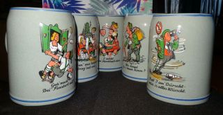Vintage Set Of 5 German Beer Steins Mugs Cheeky By Simon Peter Gerz Blue Ceramic