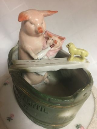 Antique German Pink Pig Porcelain Fairing Figurine Momma Bathing Baby Toy Sheep