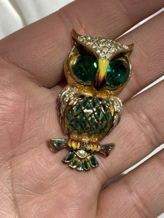 Vintage Sterling Silver Enamel Rhinestone Owl Pin Brooch Green