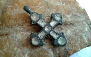 Antique Viking - Age C.  10 - 13th Century Bronze " Budded " Cross With Enamel Inlays