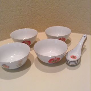 Vtg Chinese Porcelain Medallion Rice Soup Bowls And Spoons Qty 4