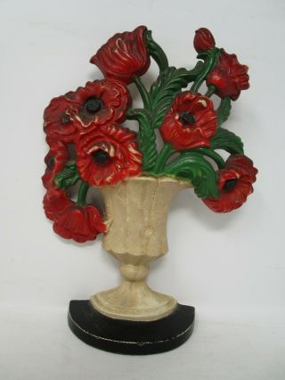 Antique Poppies In An Urn Cast Iron Hubley Doorstop Red Flowers