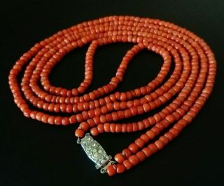 Antique Art Deco Double Strand Coral Necklace 29 " In Length