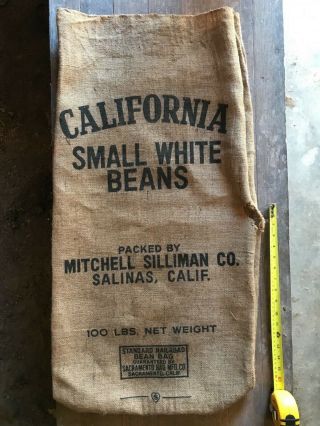 Vintage Burlap Seed Sack,  Small White Beans Mitchell Silliman Co.  Salinas,  Calif