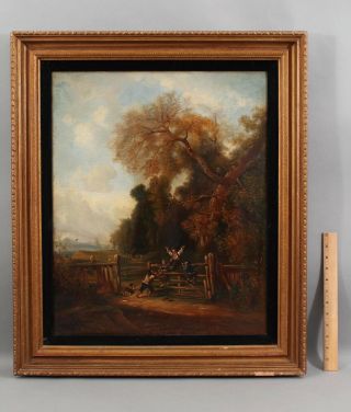 19thc Antique Genre Country Landscape Oil Painting,  Children Playing On Fence Nr