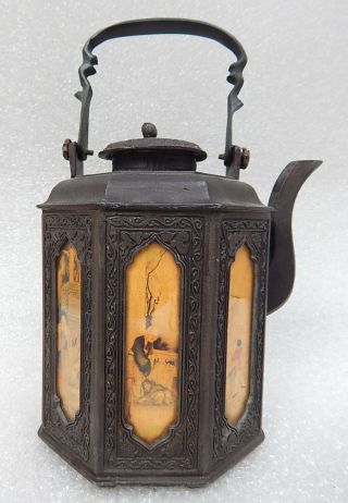 Old Antique Chinese Lantern Style Signed Bronzed Tea Pot Painted Glass Panels