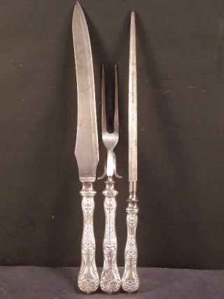19c Victorian Whiting Sterling Silver Flatware Repousse Carving Knife Fork Set 3