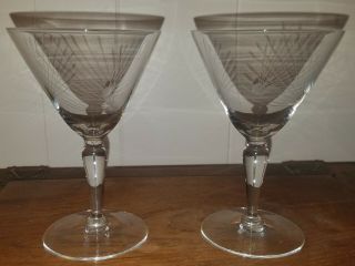 Vtg Mid Century Modern Set Of 2 Etched Glass Manhattan Side Car Glasses Bar Ware