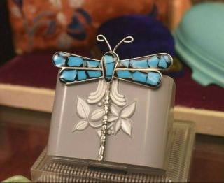 Vintage 925 Sterling Silver Taxco Mexico Turquoise Dragonfly Brooch