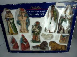 Holiday Time 11 Piece Hand Painted Porcelain Nativity Set Vintage