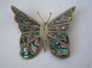 Vintage Alpaca Sterling Butterfly Brooch Pin Inlaid Abalone Shell Jewelry Mexico