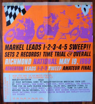 1968 Harley Davidson Vtg Dealer Race Poster Sign Xr750 Bart Markel Xlch