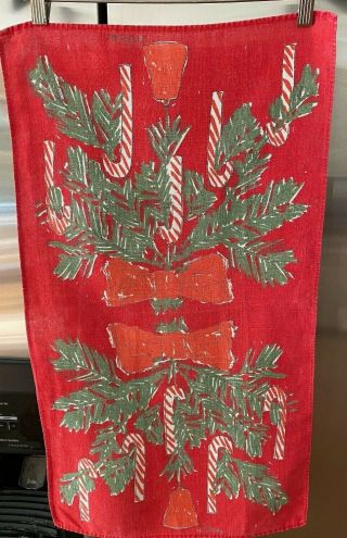Vera Neumann Vintage Christmas Candy Cane Linen Tea Towel