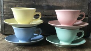 Vintage Lu - Ray Pastel Set Of Cup And Saucers - 4 Colors Pink - Green - Blue - Yellow