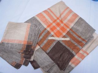 Vtg Czechoslovakia For Macy Beige W Orange Brown Border Linen Tablecloth Napkins