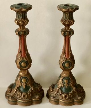 Antique Pair Italian Hand Painted Polychrome Plaster Candle Holders Candlesticks