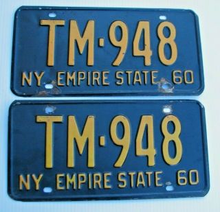 1960 1961 York Auto License Plate Set Matching Pair Plates " Tm 948 " Ny 60